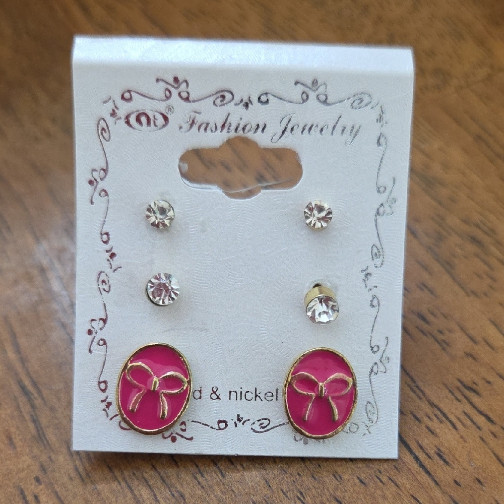 Fashion Jewelry Pink Bow & Clear Crystal Earring Set